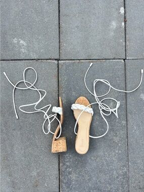 🧚🏻‍♂️ Braided Lace-Up Cork Block Heel Sandals - White